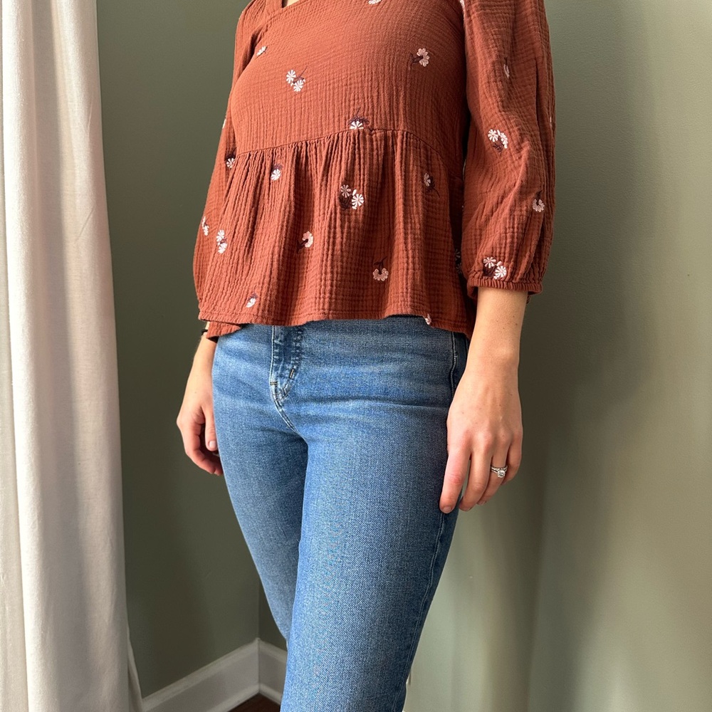 Madewell Terracotta Embroidered Floral Top